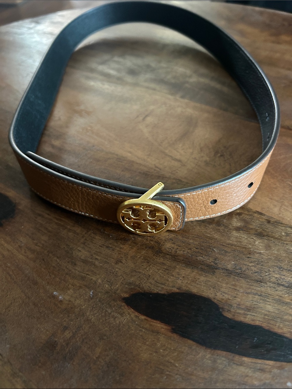Tory Burch Two-Tone Leather Belt with Gold Logo Buckle